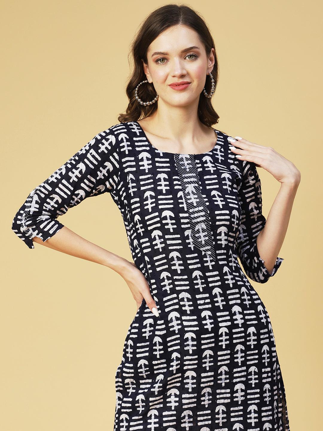 Ethnic Printed Straight Fit Kurta - Navy Blue - Indiakreations