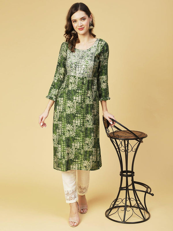 Ethnic Abstract Printed & Embroidered Straight Fit Kurta - Green - Indiakreations