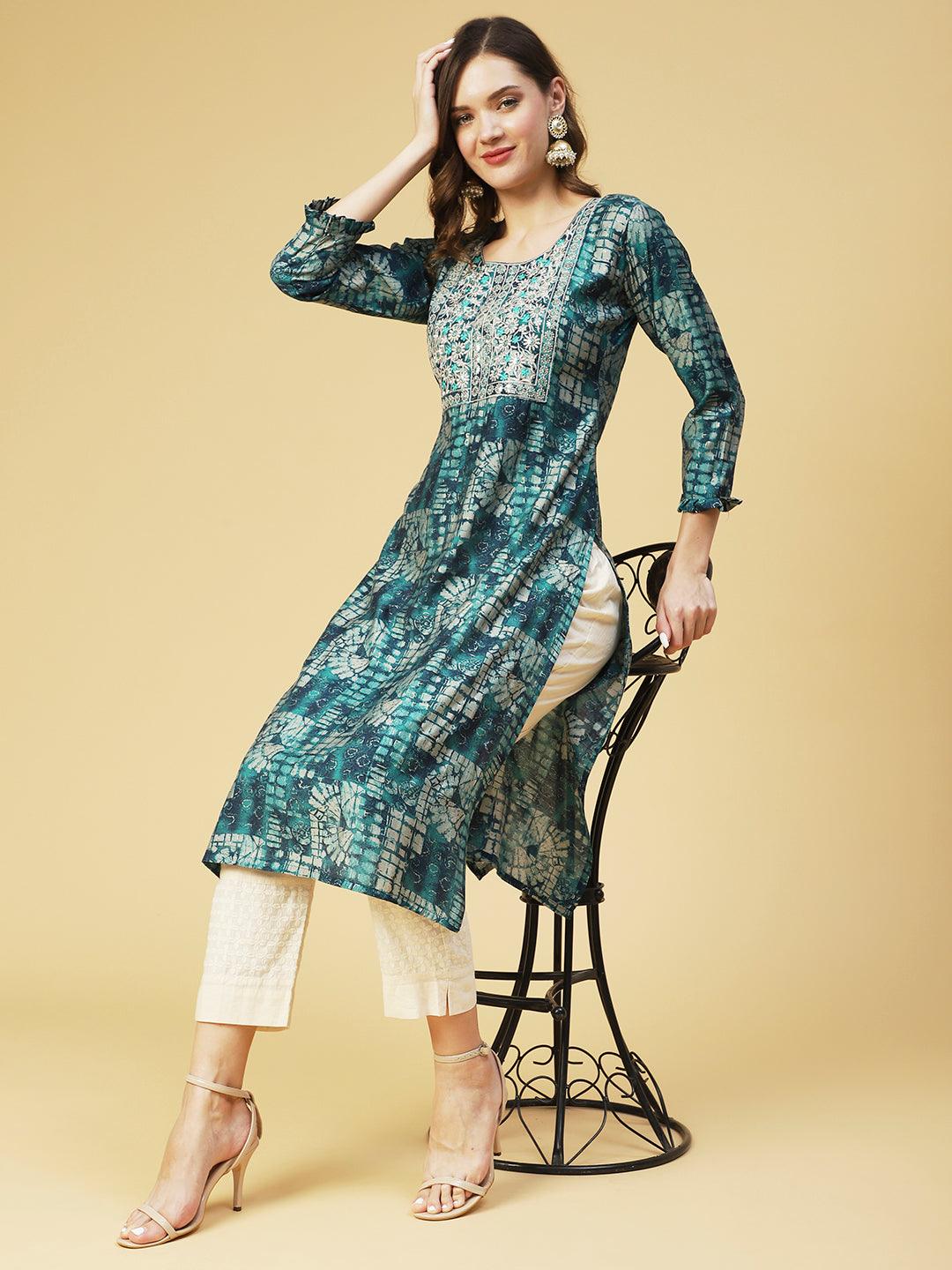 Ethnic Abstract Printed & Embroidered Straight Fit Kurta - Sea Green - Indiakreations