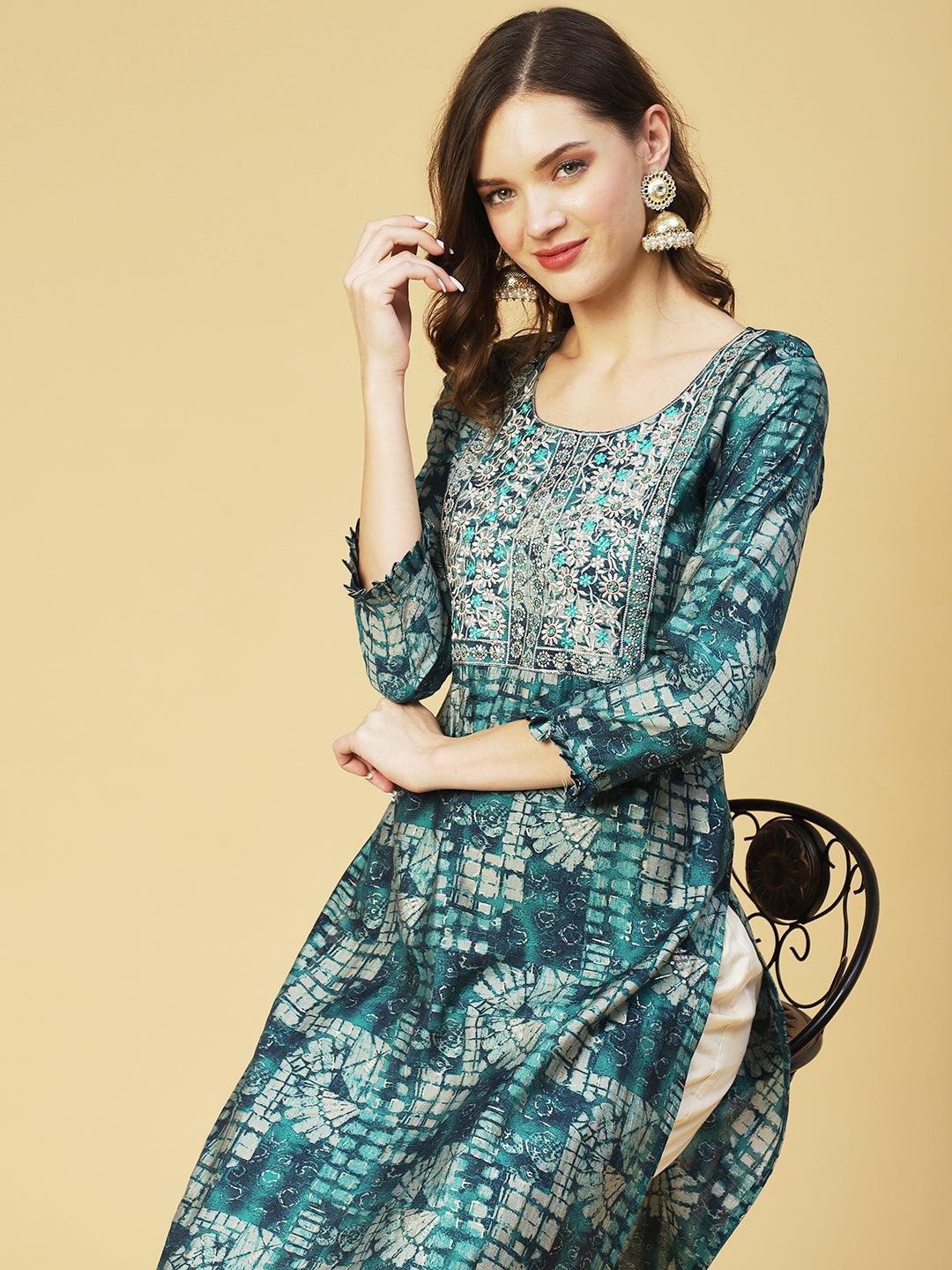 Ethnic Abstract Printed & Embroidered Straight Fit Kurta - Sea Green - Indiakreations