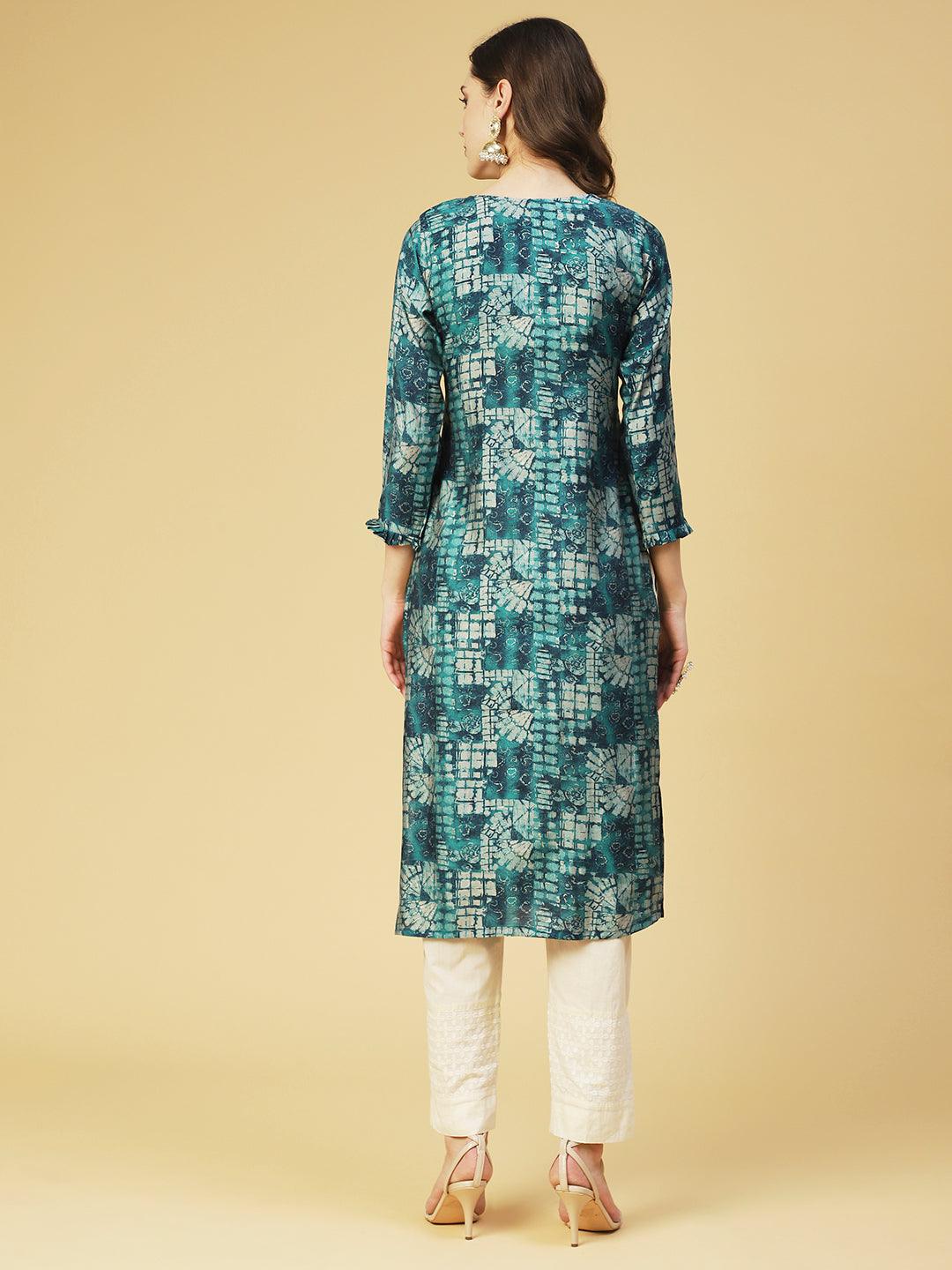 Ethnic Abstract Printed & Embroidered Straight Fit Kurta - Sea Green - Indiakreations