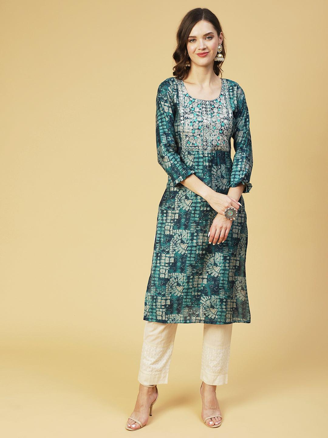 Ethnic Abstract Printed & Embroidered Straight Fit Kurta - Sea Green - Indiakreations