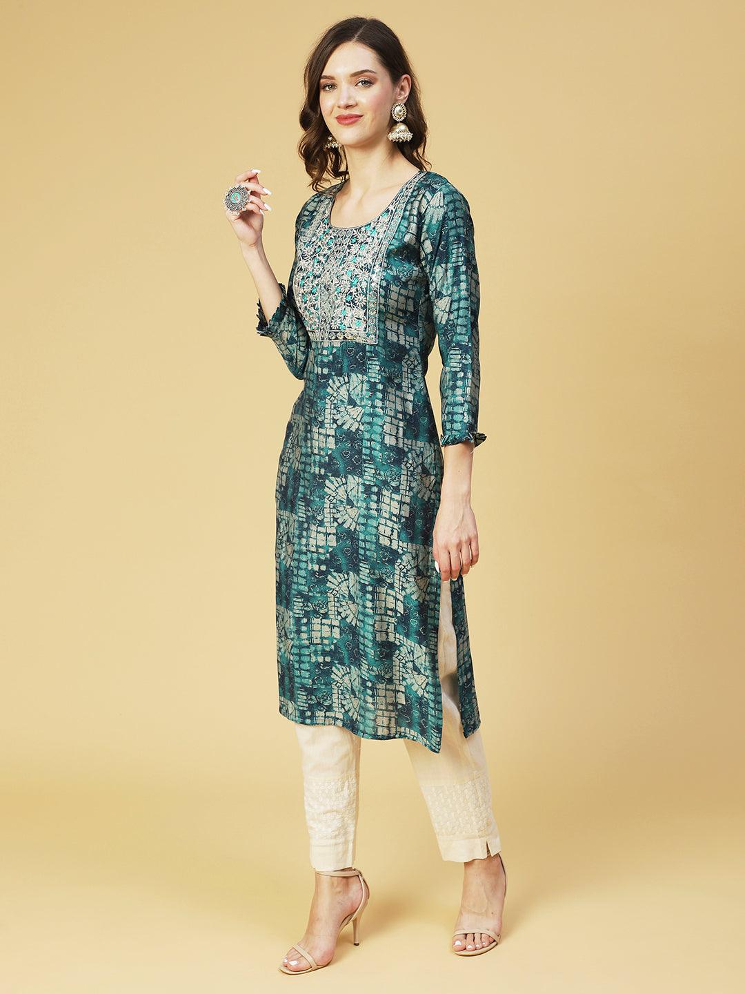 Ethnic Abstract Printed & Embroidered Straight Fit Kurta - Sea Green - Indiakreations