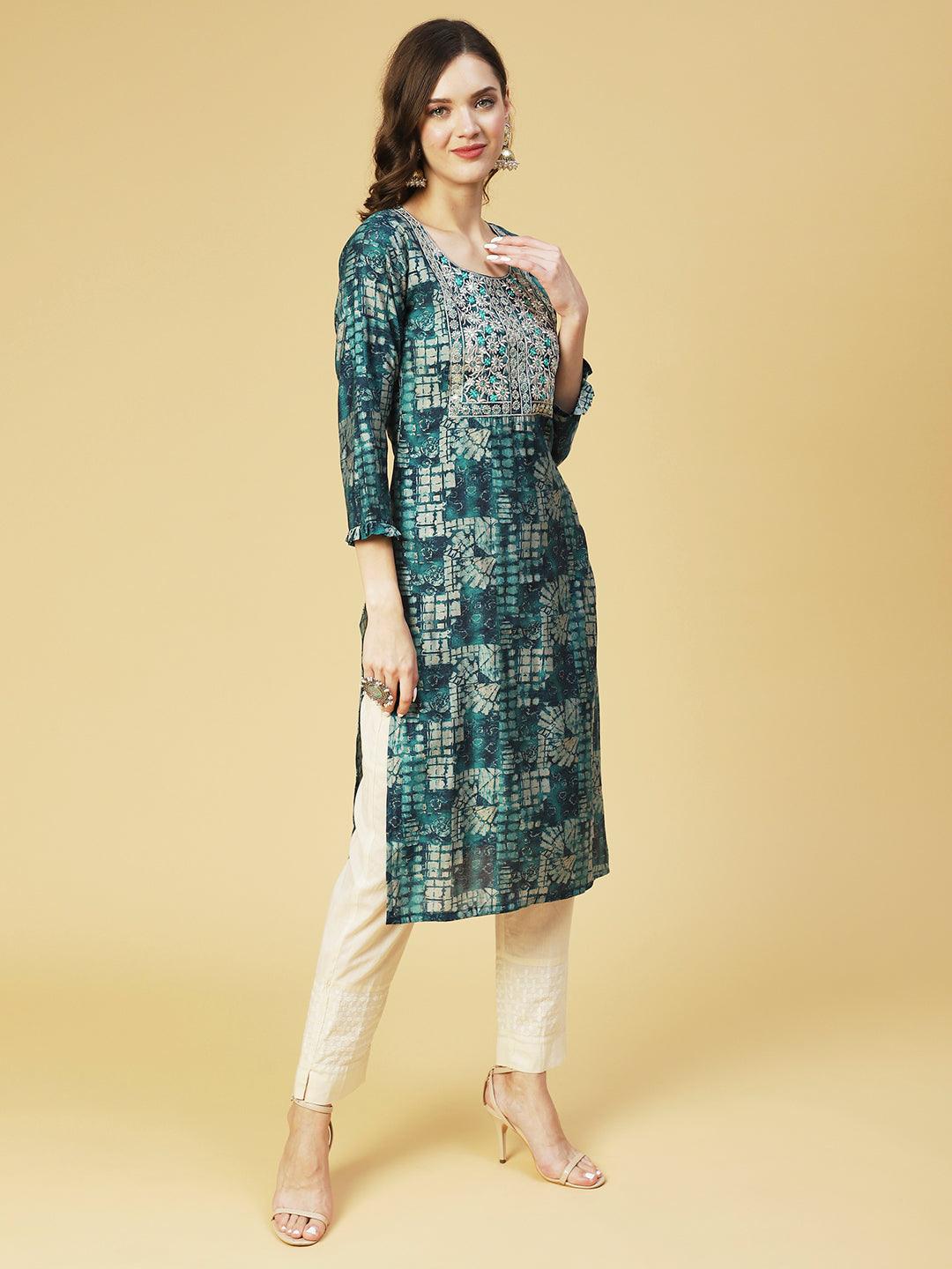 Ethnic Abstract Printed & Embroidered Straight Fit Kurta - Sea Green - Indiakreations