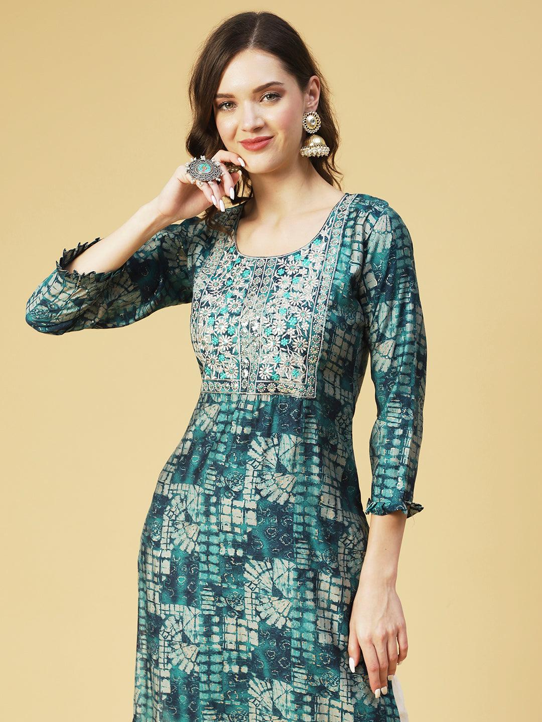 Ethnic Abstract Printed & Embroidered Straight Fit Kurta - Sea Green - Indiakreations