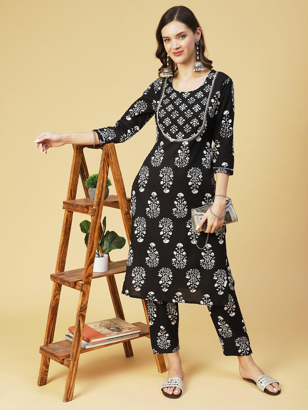 Floral Printed & Embroidered Straight Fit Kurta with Pant - Black - Indiakreations