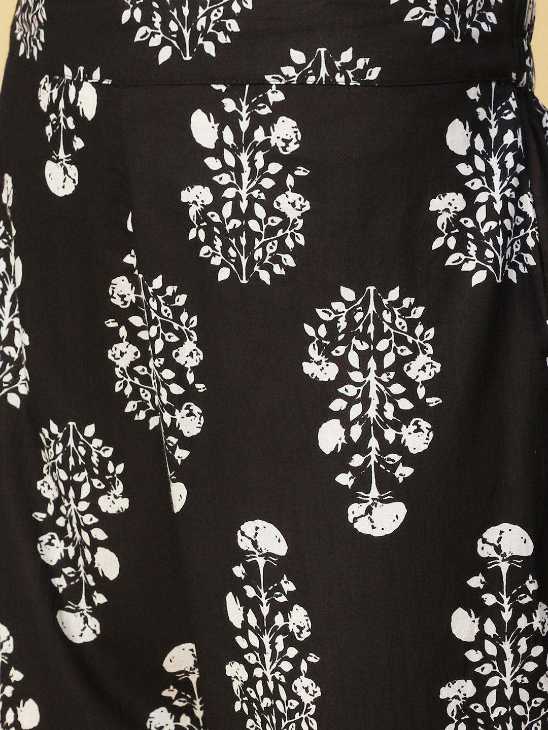 Floral Printed & Embroidered Straight Fit Kurta with Pant - Black - Indiakreations