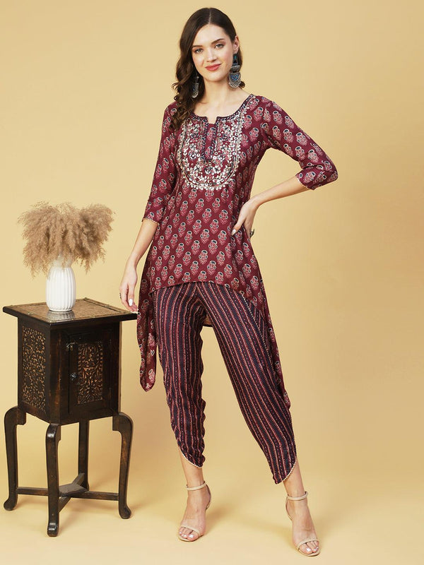 Floral Printed & Embroidered High Low Kurta with Dhoti Pant - Purple - Indiakreations