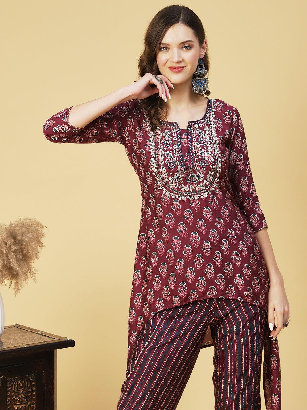 Floral Printed & Embroidered High Low Kurta with Dhoti Pant - Purple - Indiakreations