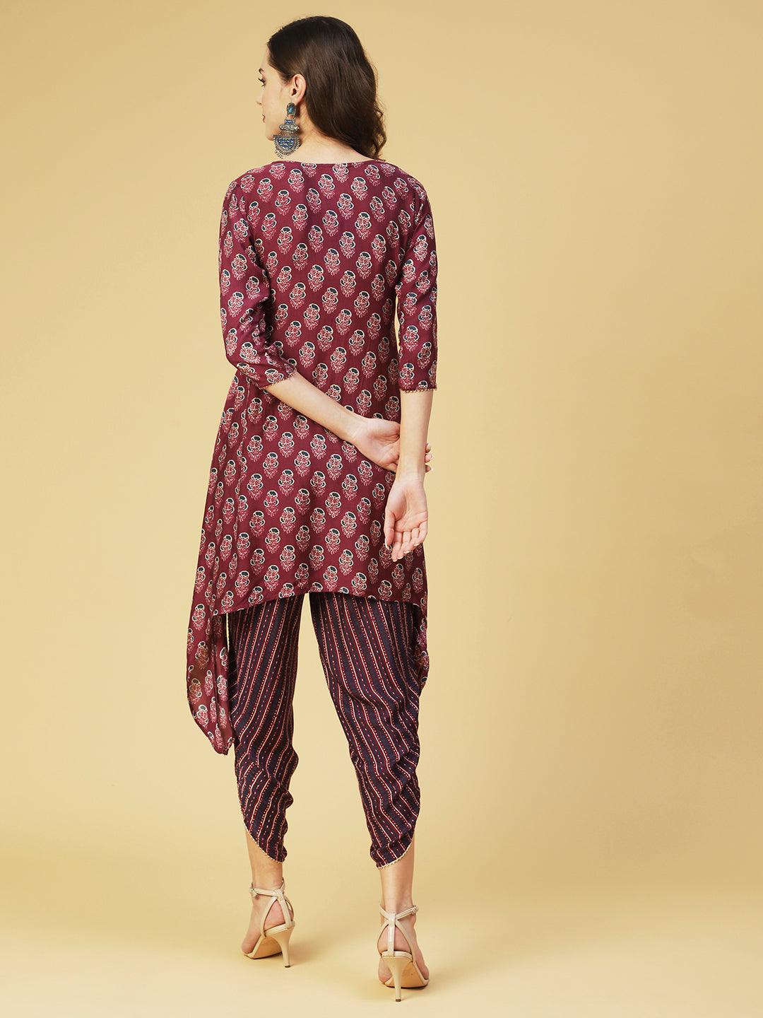 Floral Printed & Embroidered High Low Kurta with Dhoti Pant - Purple - Indiakreations