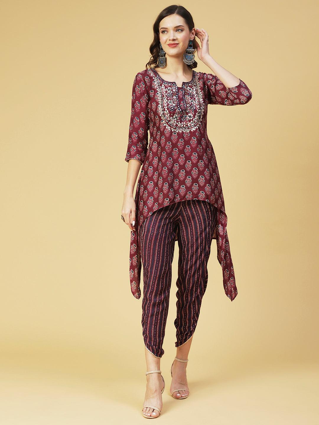 Floral Printed & Embroidered High Low Kurta with Dhoti Pant - Purple - Indiakreations