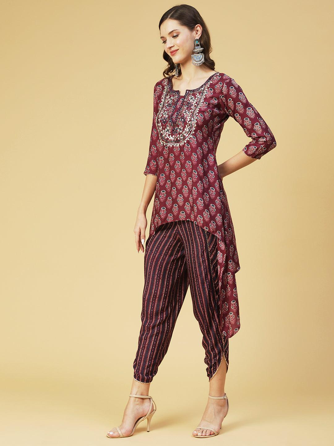 Floral Printed & Embroidered High Low Kurta with Dhoti Pant - Purple - Indiakreations