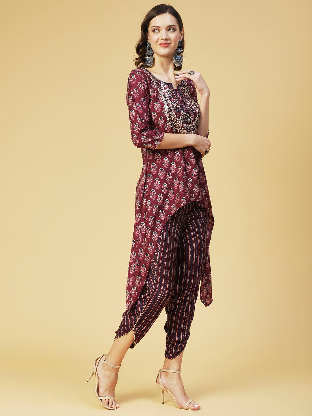 Floral Printed & Embroidered High Low Kurta with Dhoti Pant - Purple - Indiakreations