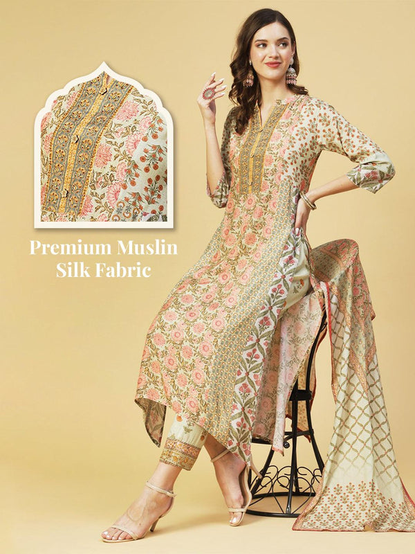 Floral Printed & Embroidered Straight Fit Kurta with Pant & Dupatta - Green - Indiakreations