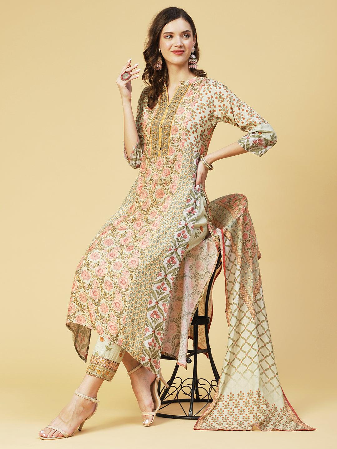 Floral Printed & Embroidered Straight Fit Kurta with Pant & Dupatta - Green - Indiakreations