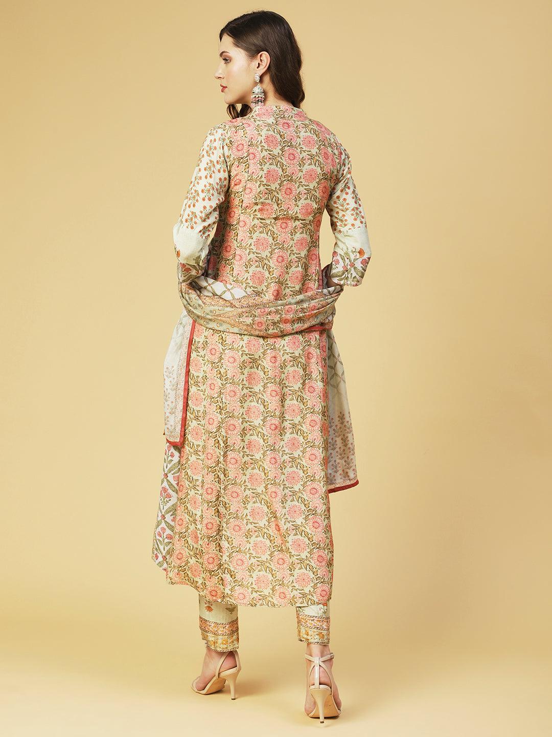 Floral Printed & Embroidered Straight Fit Kurta with Pant & Dupatta - Green - Indiakreations