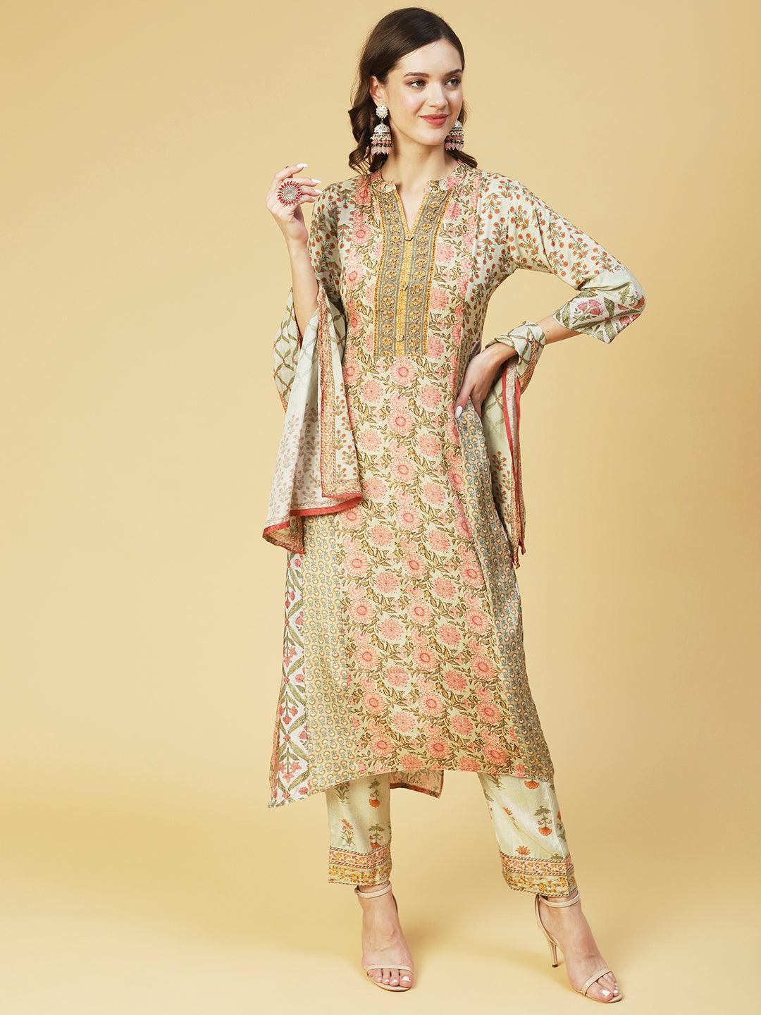 Floral Printed & Embroidered Straight Fit Kurta with Pant & Dupatta - Green - Indiakreations