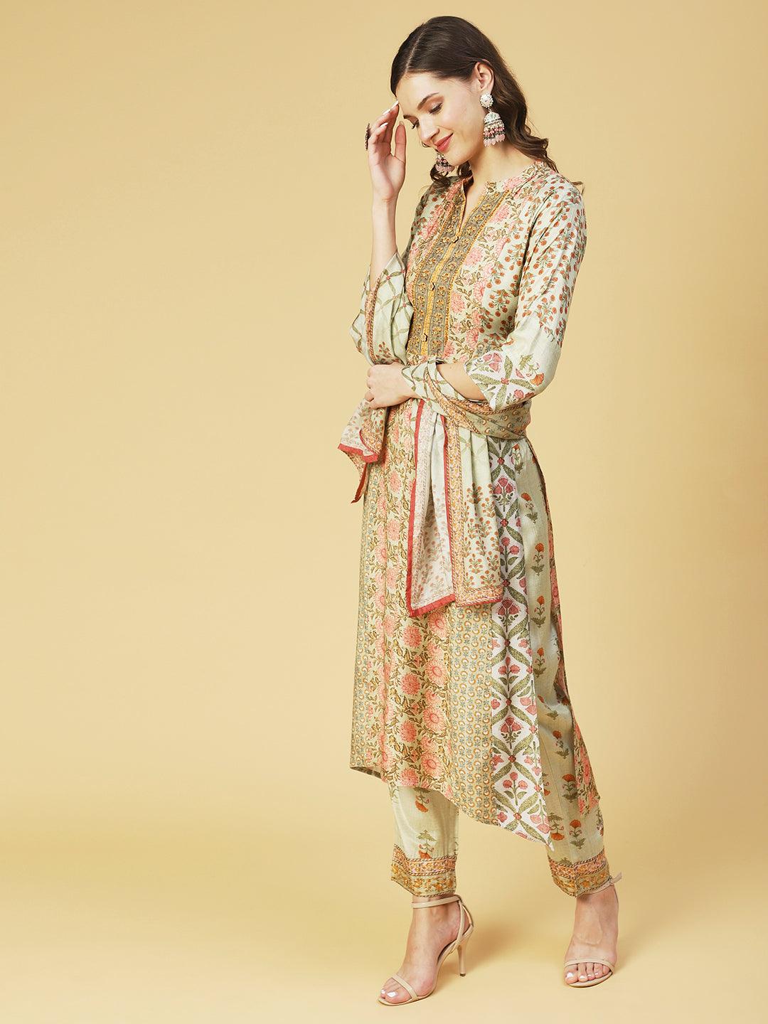 Floral Printed & Embroidered Straight Fit Kurta with Pant & Dupatta - Green - Indiakreations