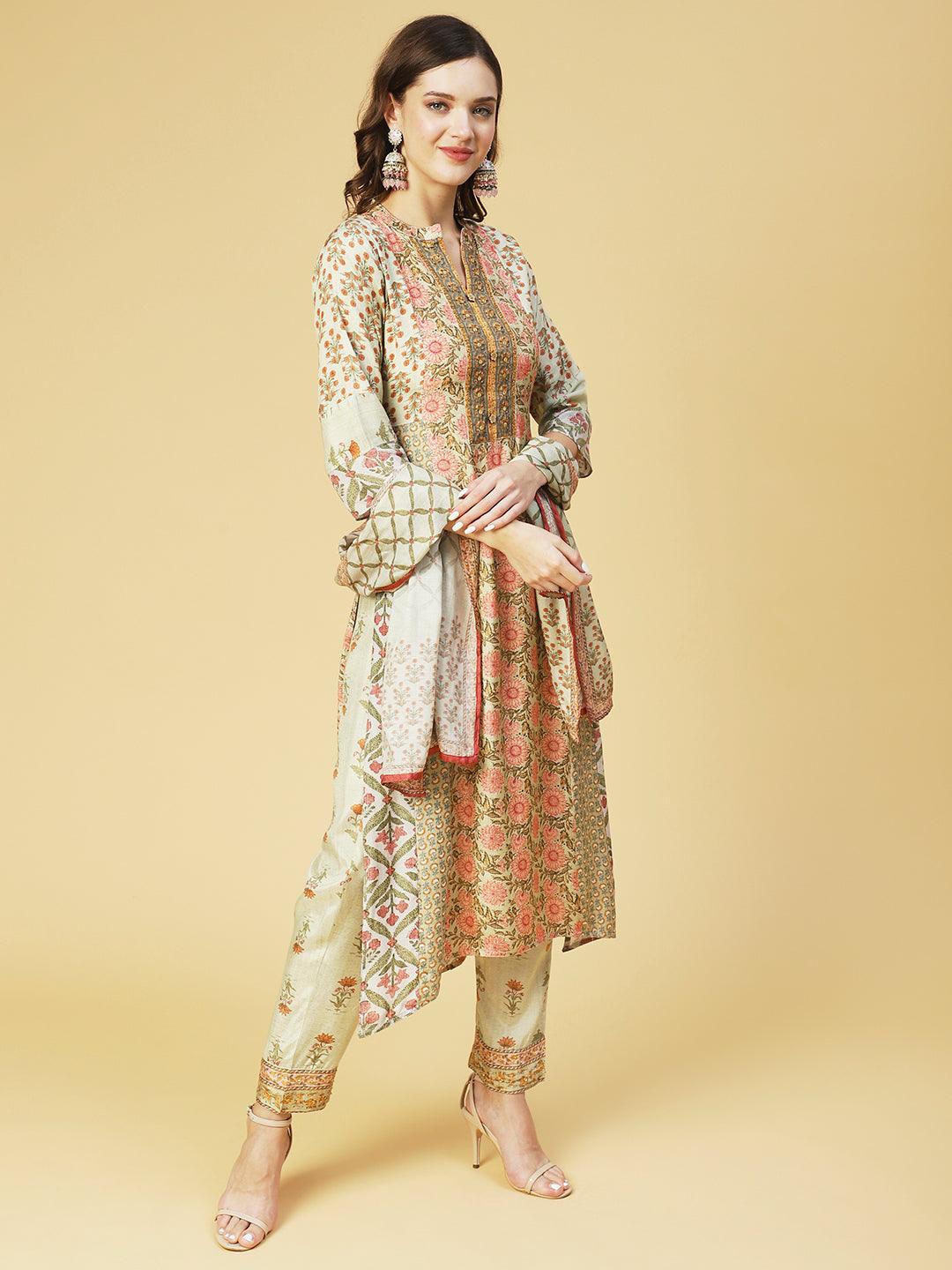 Floral Printed & Embroidered Straight Fit Kurta with Pant & Dupatta - Green - Indiakreations