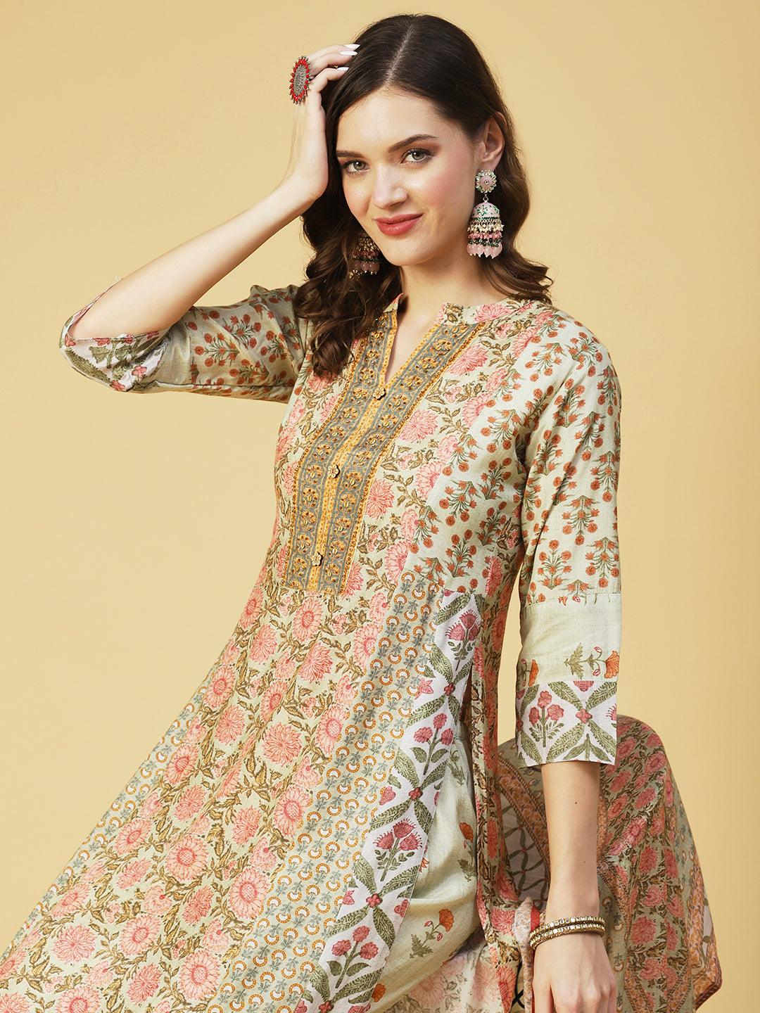 Floral Printed & Embroidered Straight Fit Kurta with Pant & Dupatta - Green - Indiakreations