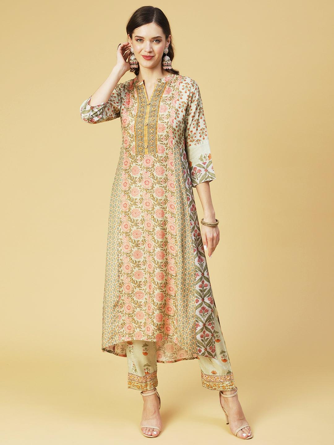 Floral Printed & Embroidered Straight Fit Kurta with Pant & Dupatta - Green - Indiakreations