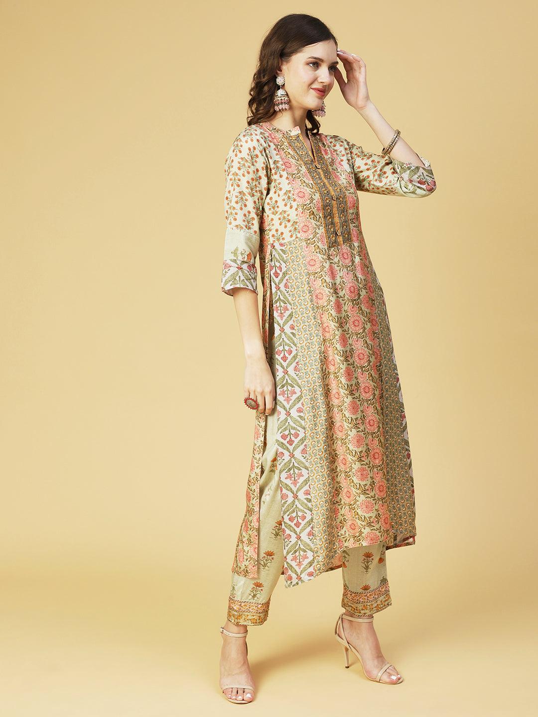 Floral Printed & Embroidered Straight Fit Kurta with Pant & Dupatta - Green - Indiakreations