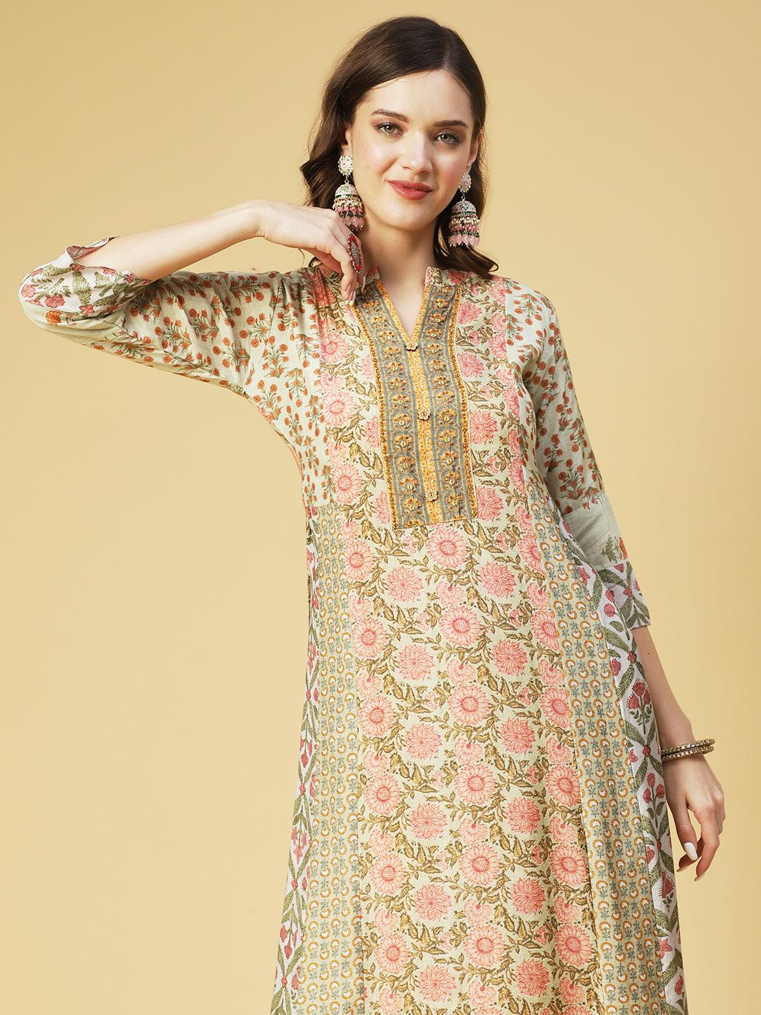 Floral Printed & Embroidered Straight Fit Kurta with Pant & Dupatta - Green - Indiakreations