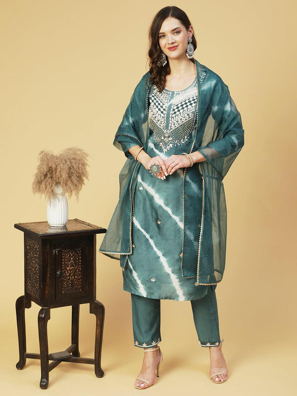 Tie - Dyed & Hand Embroidered Straight Fit Kurta with Pant & Dupatta - Teal - Indiakreations