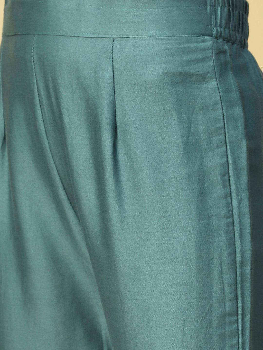 Tie - Dyed & Hand Embroidered Straight Fit Kurta with Pant & Dupatta - Teal - Indiakreations