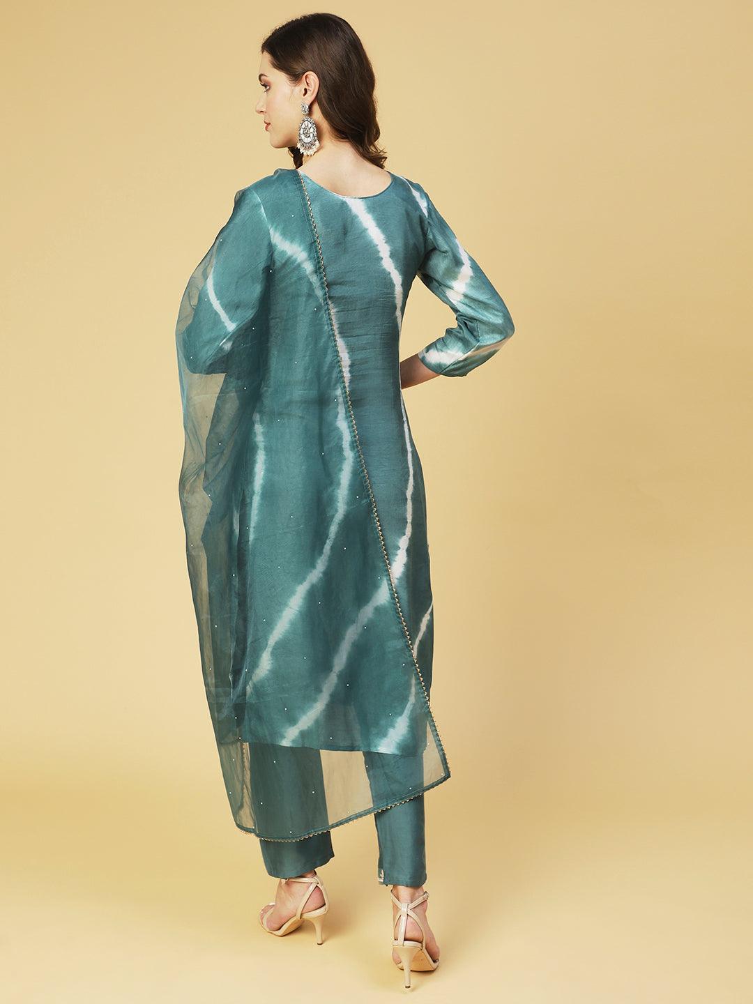 Tie - Dyed & Hand Embroidered Straight Fit Kurta with Pant & Dupatta - Teal - Indiakreations