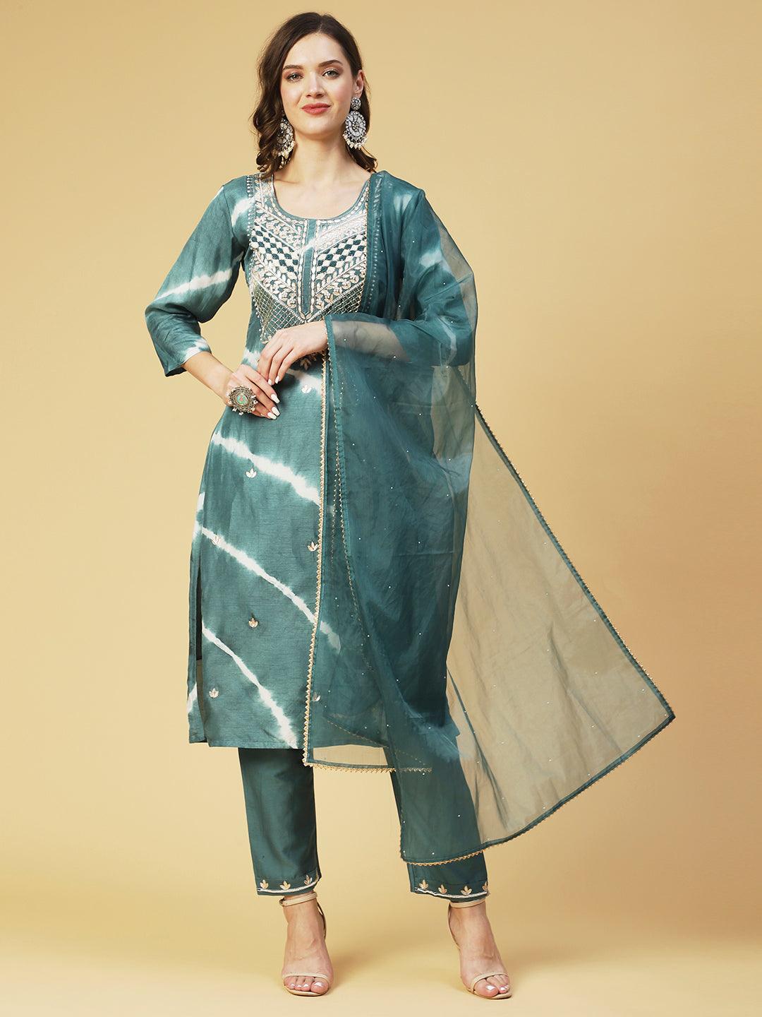 Tie - Dyed & Hand Embroidered Straight Fit Kurta with Pant & Dupatta - Teal - Indiakreations