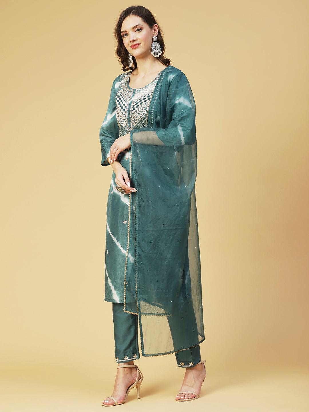 Tie - Dyed & Hand Embroidered Straight Fit Kurta with Pant & Dupatta - Teal - Indiakreations