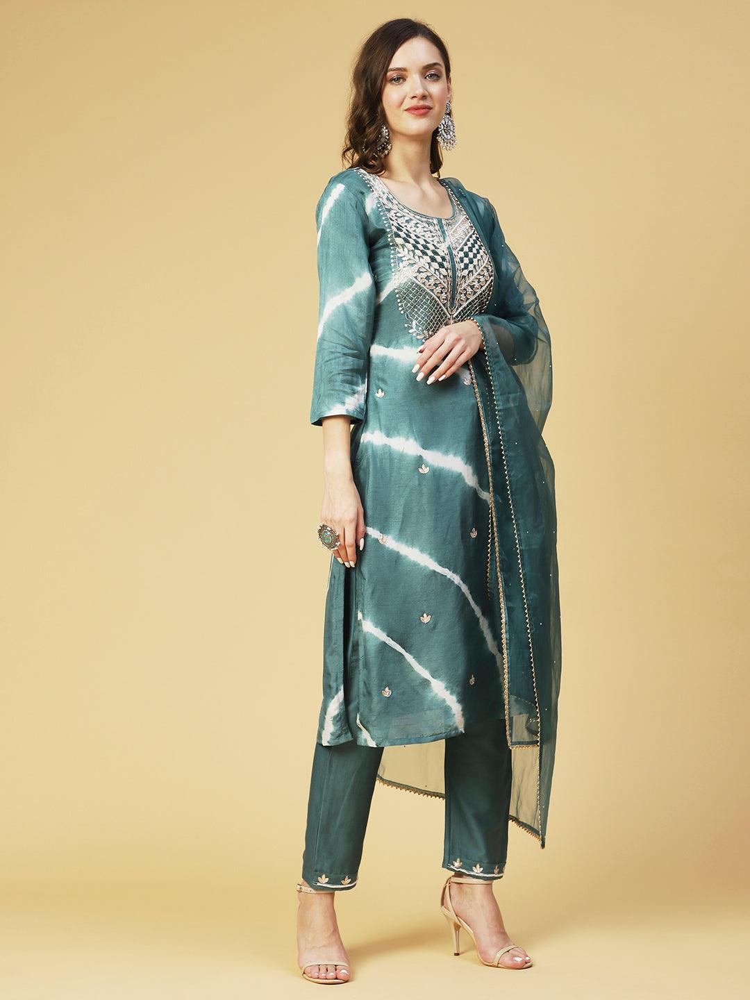 Tie - Dyed & Hand Embroidered Straight Fit Kurta with Pant & Dupatta - Teal - Indiakreations