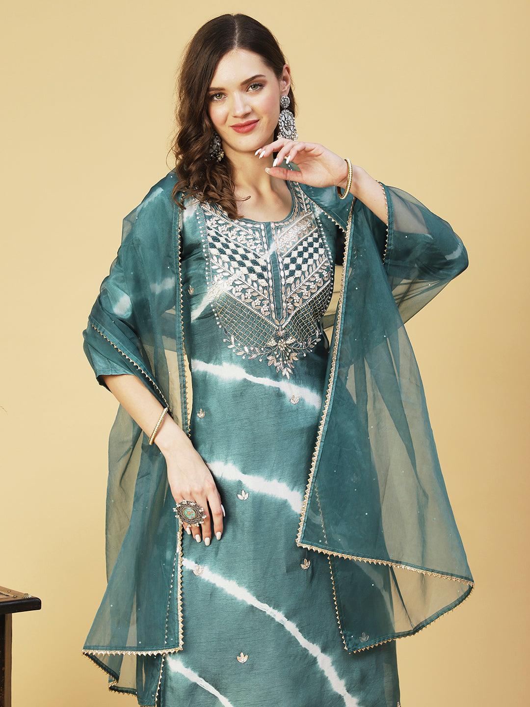 Tie - Dyed & Hand Embroidered Straight Fit Kurta with Pant & Dupatta - Teal - Indiakreations