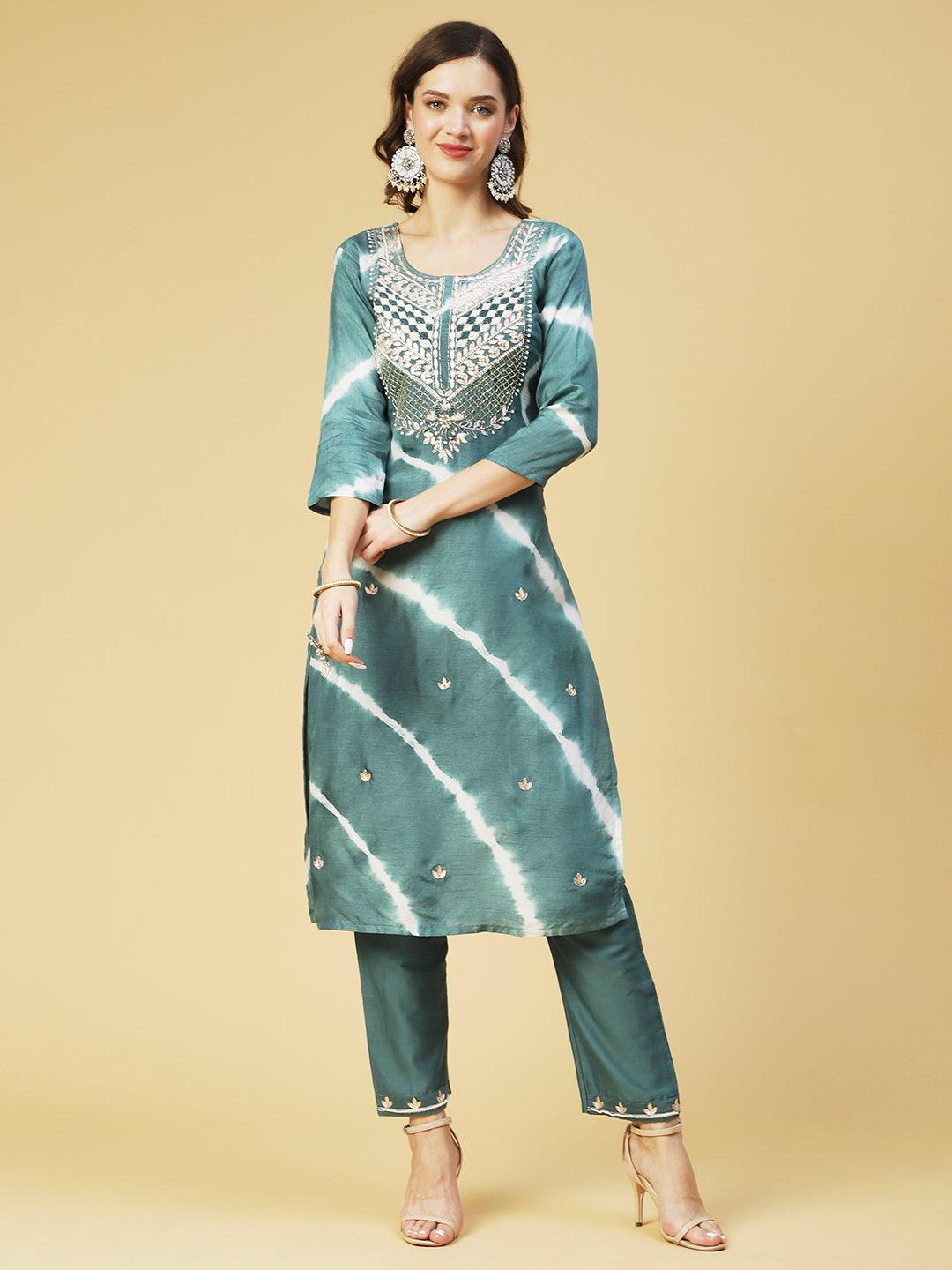 Tie - Dyed & Hand Embroidered Straight Fit Kurta with Pant & Dupatta - Teal - Indiakreations