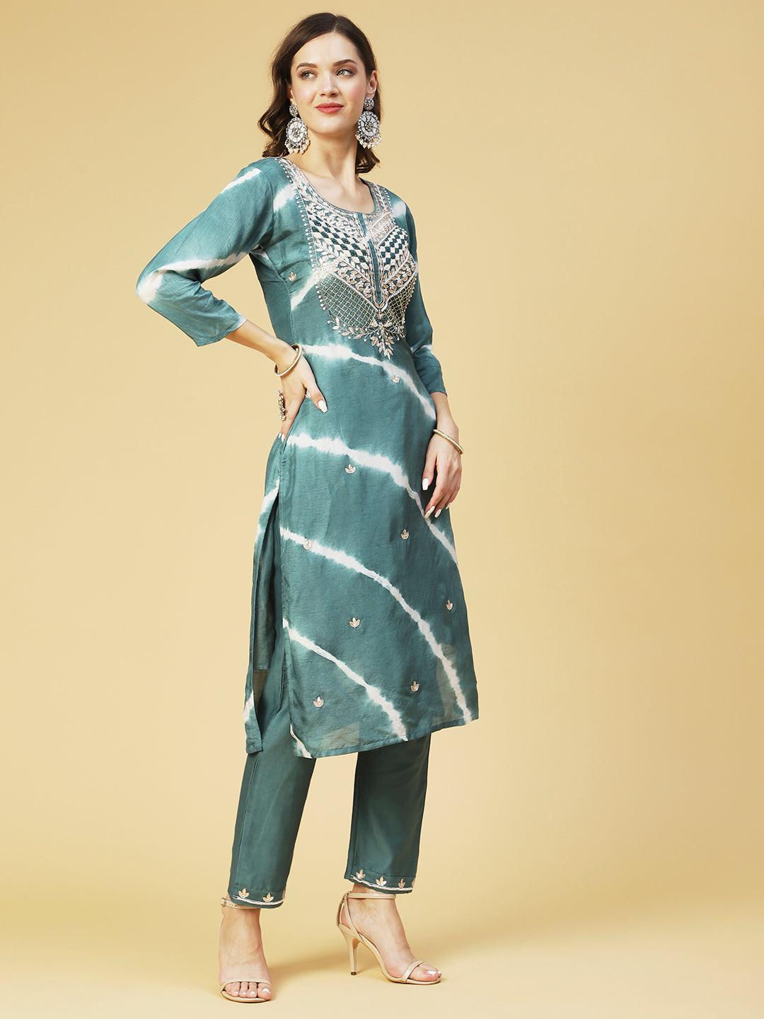 Tie - Dyed & Hand Embroidered Straight Fit Kurta with Pant & Dupatta - Teal - Indiakreations