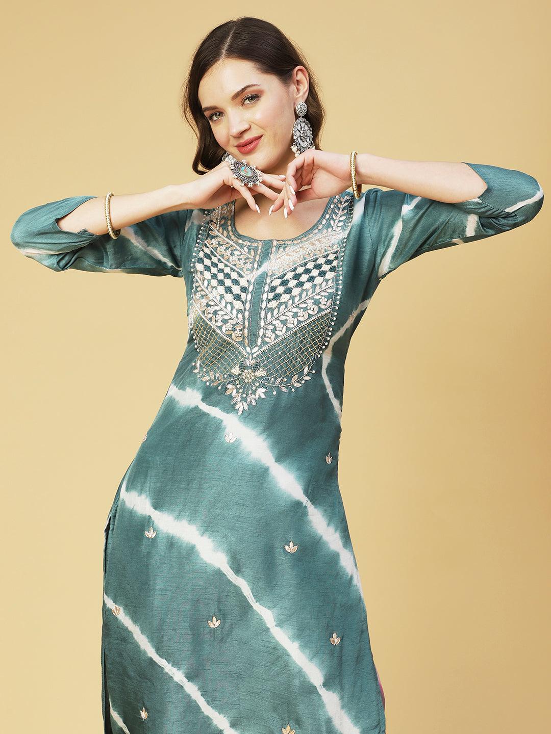 Tie - Dyed & Hand Embroidered Straight Fit Kurta with Pant & Dupatta - Teal - Indiakreations