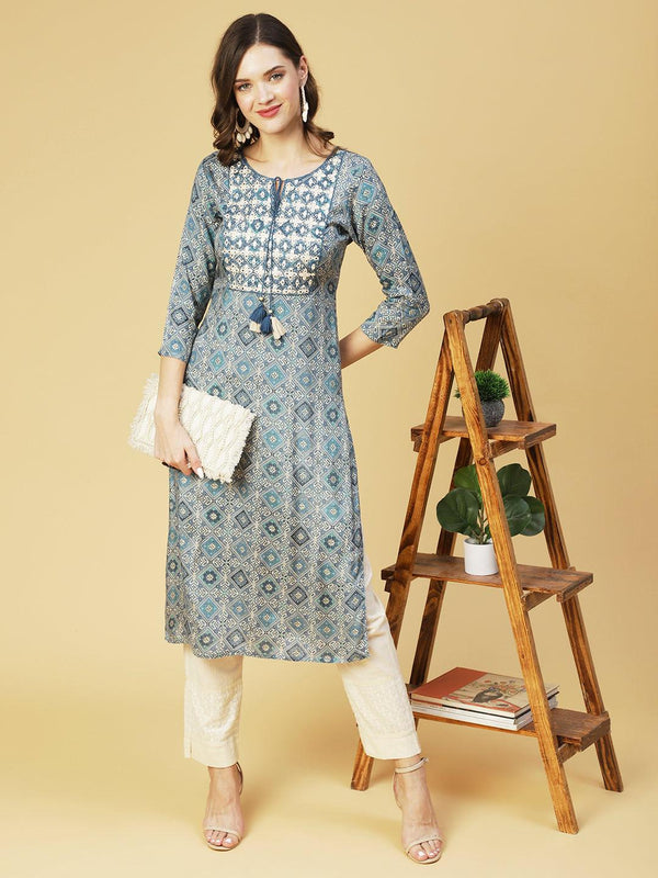 Ethnic Printed & Embroidered Straight Fit Kurta - Blue - Indiakreations