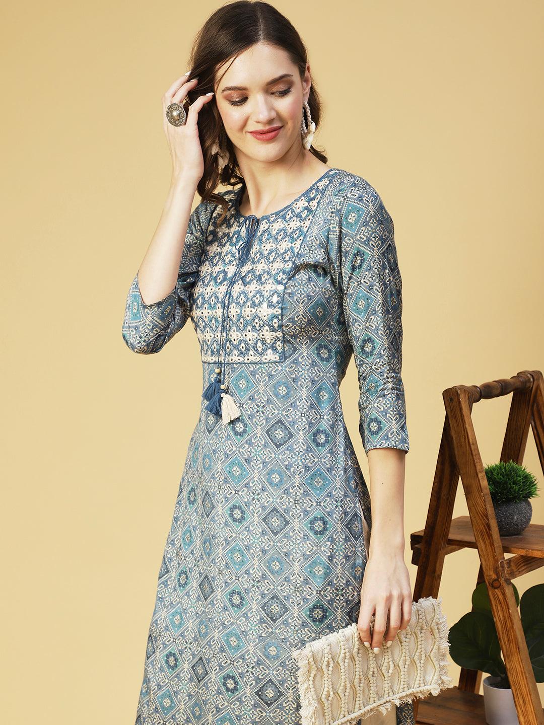 Ethnic Printed & Embroidered Straight Fit Kurta - Blue - Indiakreations