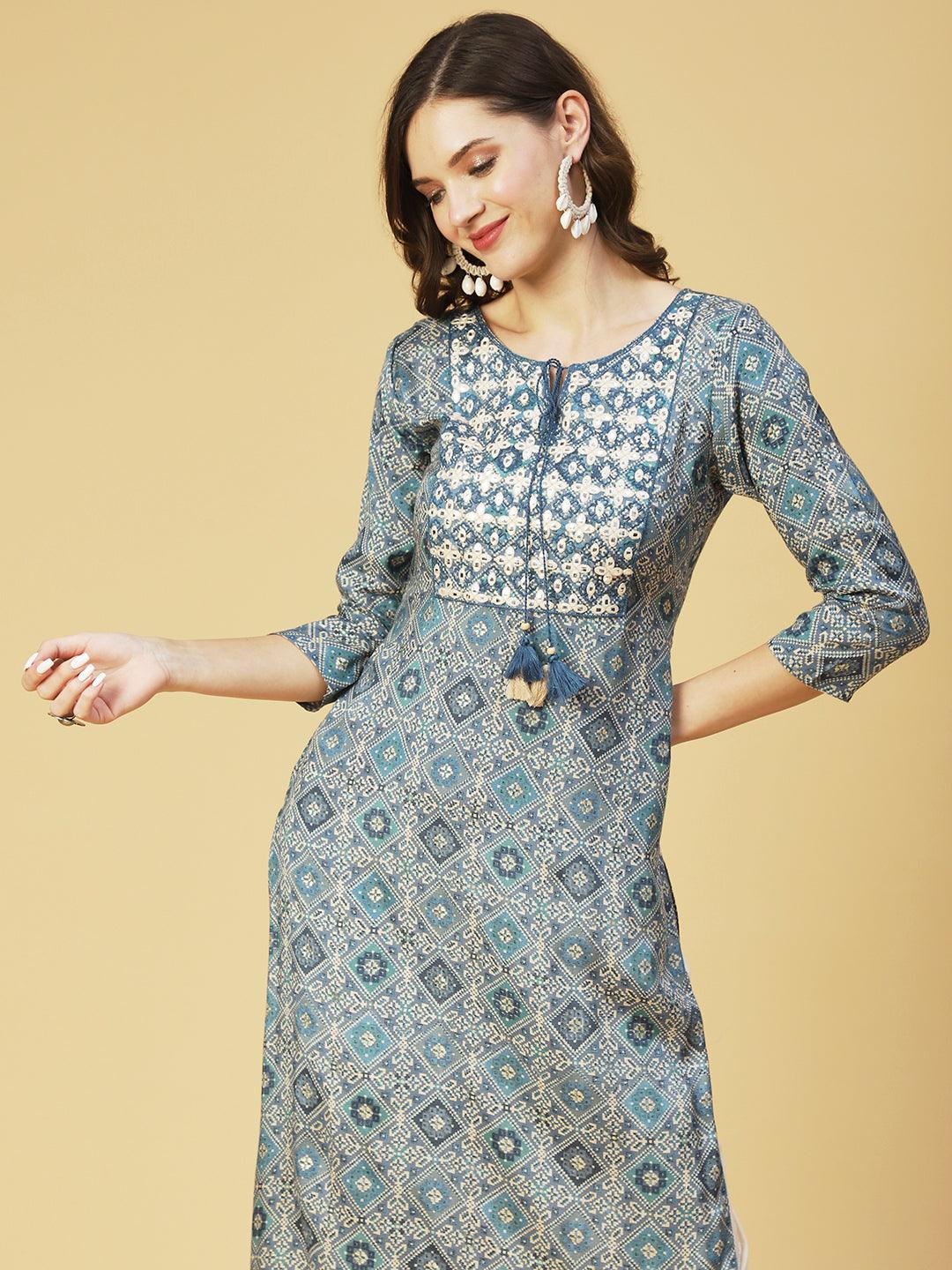 Ethnic Printed & Embroidered Straight Fit Kurta - Blue - Indiakreations