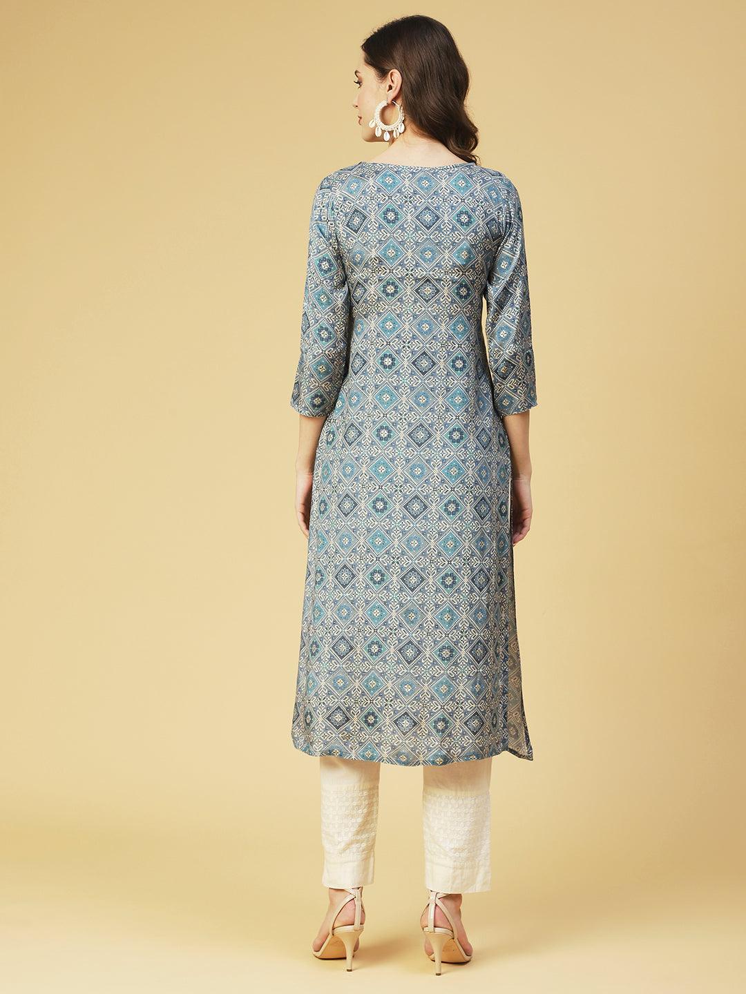 Ethnic Printed & Embroidered Straight Fit Kurta - Blue - Indiakreations