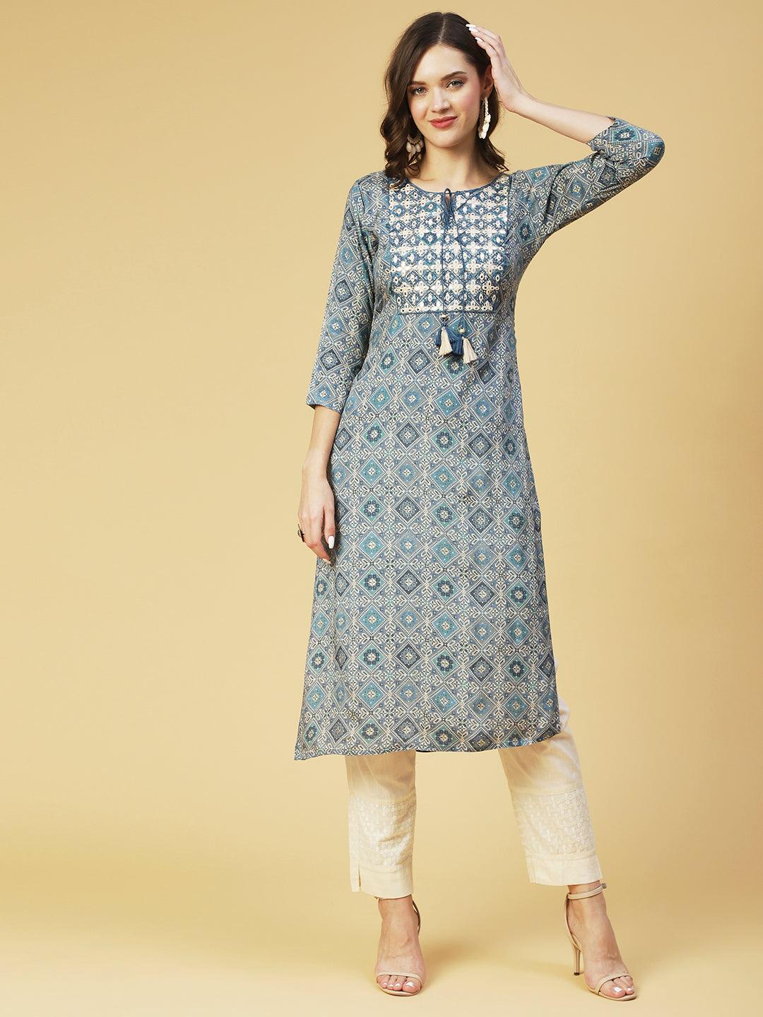 Ethnic Printed & Embroidered Straight Fit Kurta - Blue - Indiakreations