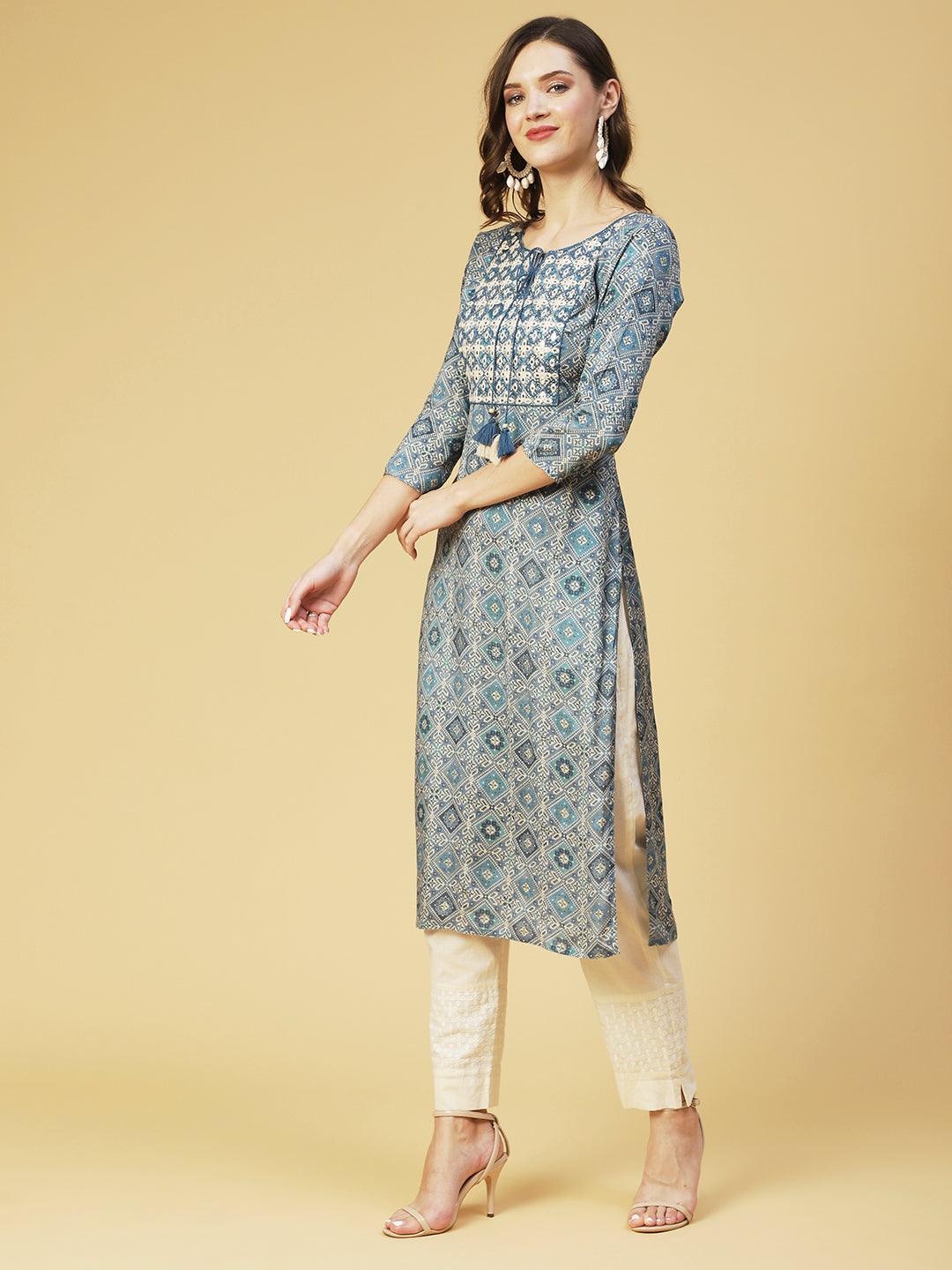 Ethnic Printed & Embroidered Straight Fit Kurta - Blue - Indiakreations