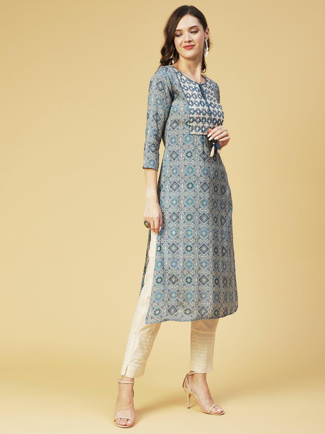 Ethnic Printed & Embroidered Straight Fit Kurta - Blue - Indiakreations