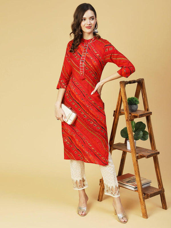 Ethnic Printed Straight Fit Kurta - Red - Indiakreations