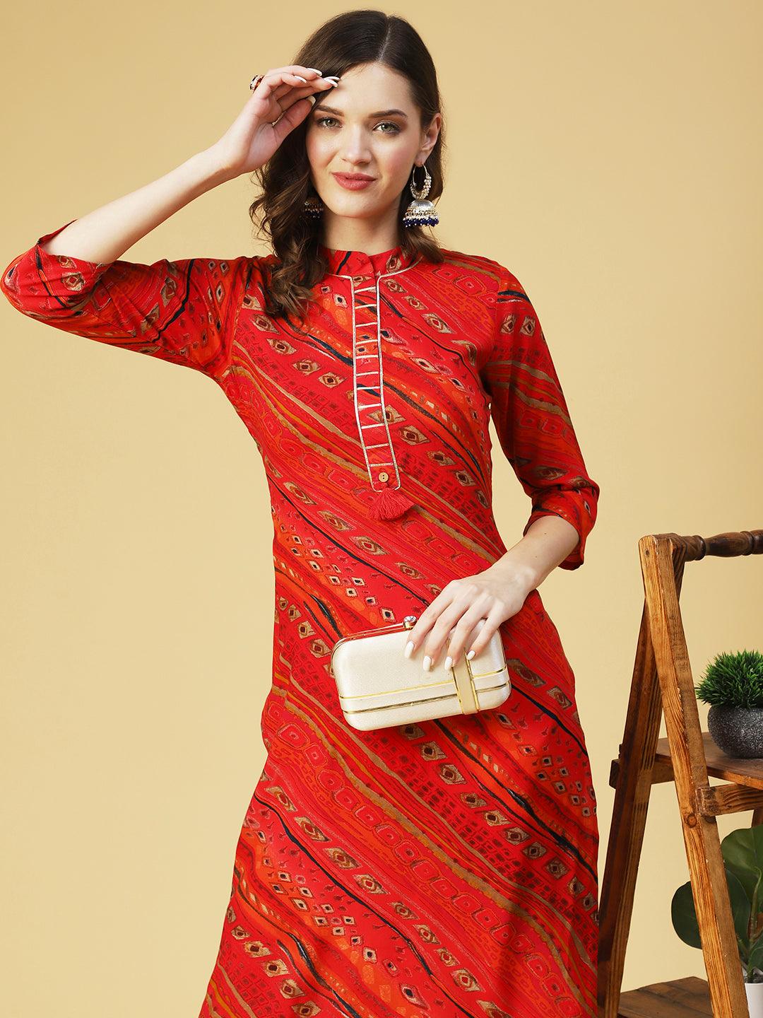 Ethnic Printed Straight Fit Kurta - Red - Indiakreations