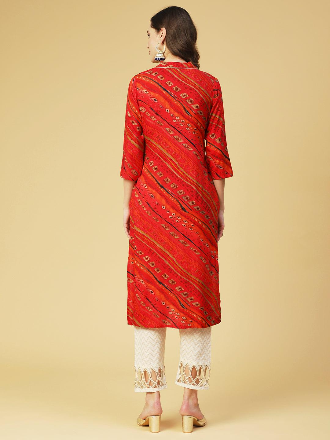 Ethnic Printed Straight Fit Kurta - Red - Indiakreations