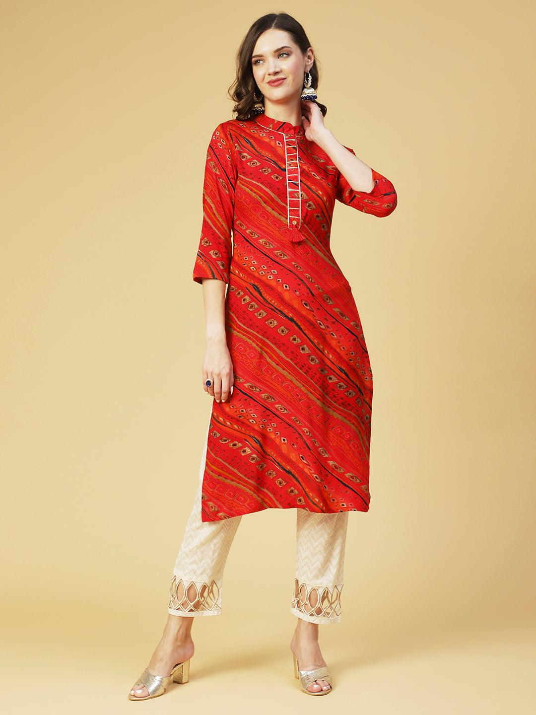 Ethnic Printed Straight Fit Kurta - Red - Indiakreations