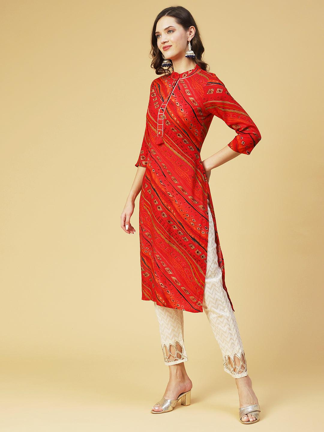 Ethnic Printed Straight Fit Kurta - Red - Indiakreations