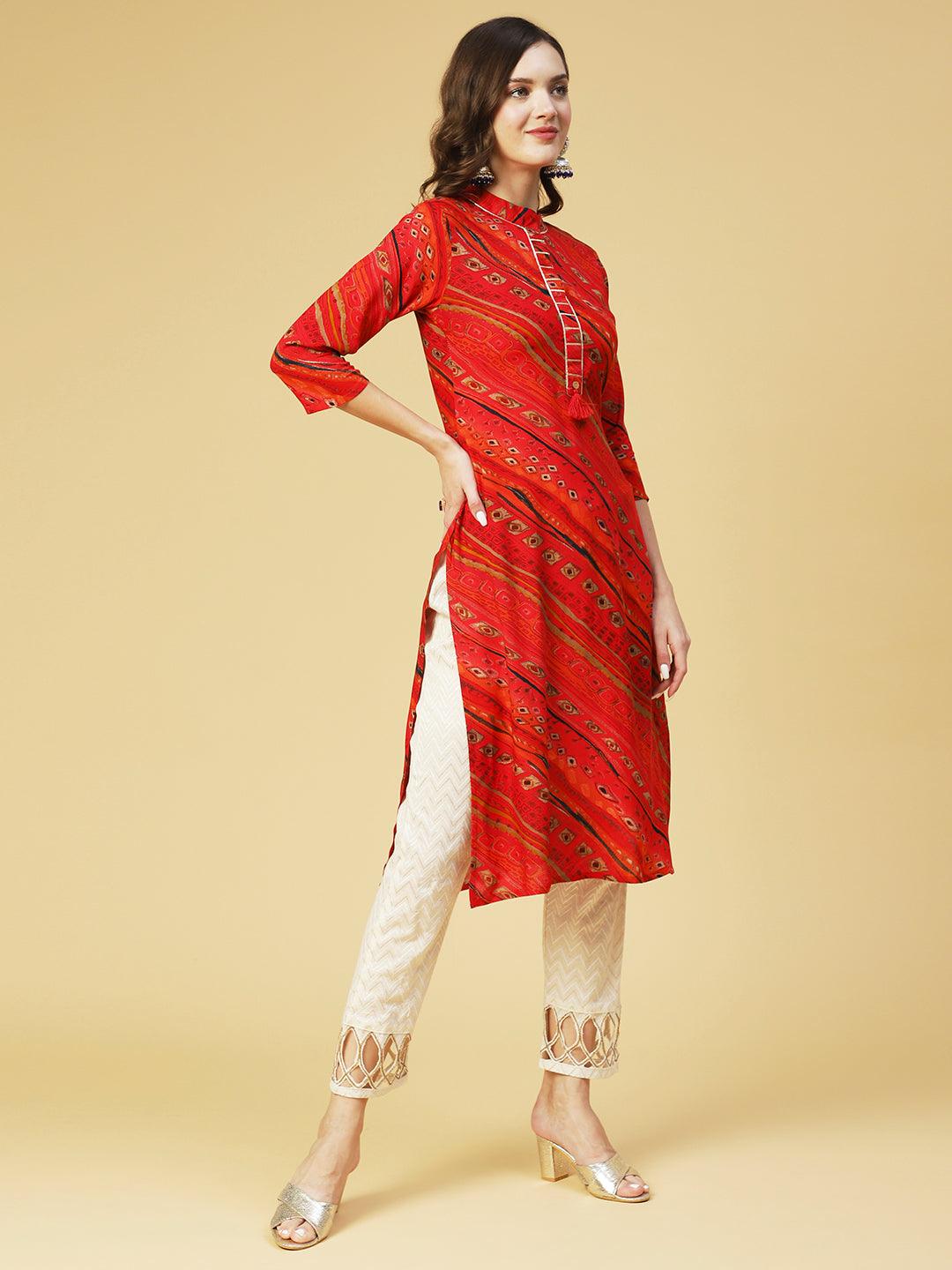 Ethnic Printed Straight Fit Kurta - Red - Indiakreations